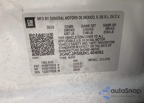 2019 Chevrolet Trax Lt from USA, damaged, VIN 3GNCJPSB2KL404061